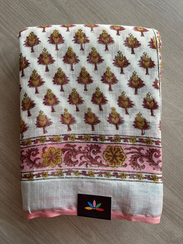 Handblock Printed Linen Cotton Saree - 27185-27186
