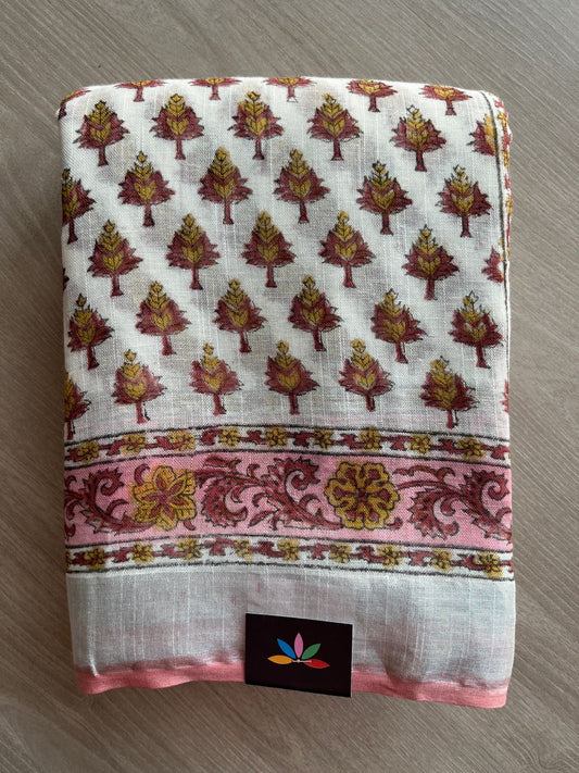 Handblock Printed Linen Cotton Saree - 27185-27186