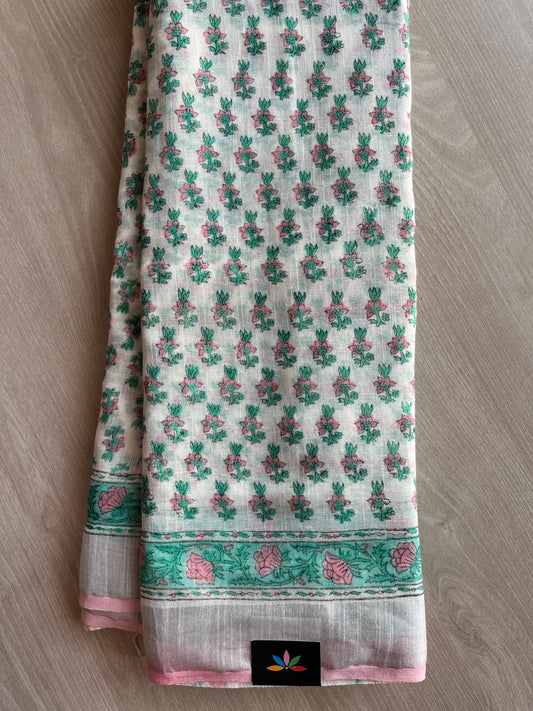 Handblock Printed Linen Cotton Saree - 27187-27188