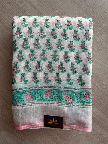 Handblock Printed Linen Cotton Saree - 27187-27188