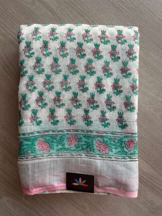 Handblock Printed Linen Cotton Saree - 27187-27188