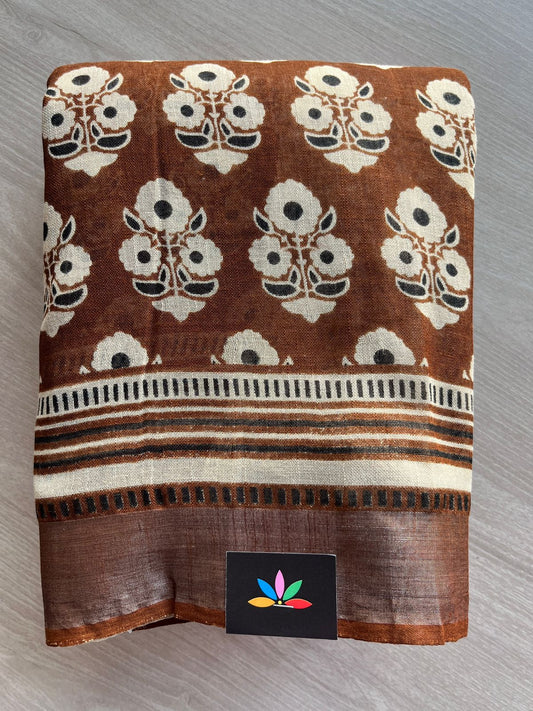 Black & Light Rust Brown Handblock Printed Linen Cotton Saree - 30403-30404