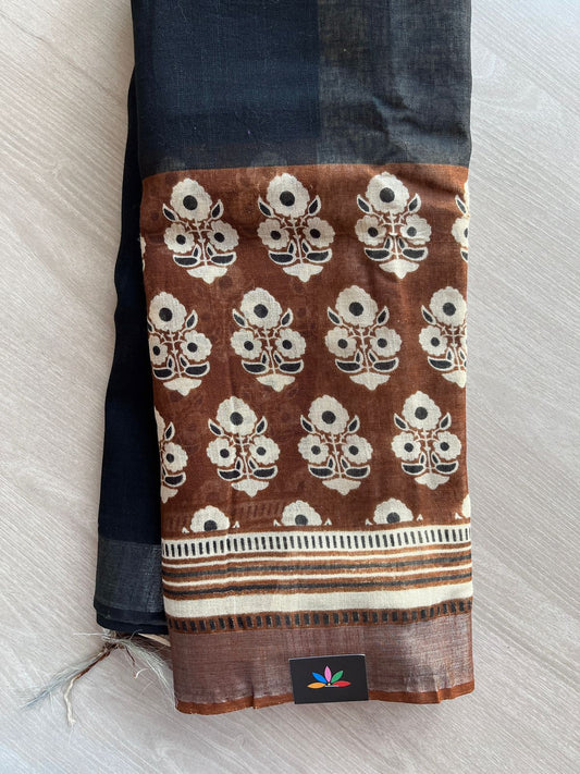 Black & Light Rust Brown Handblock Printed Linen Cotton Saree - 30403-30404