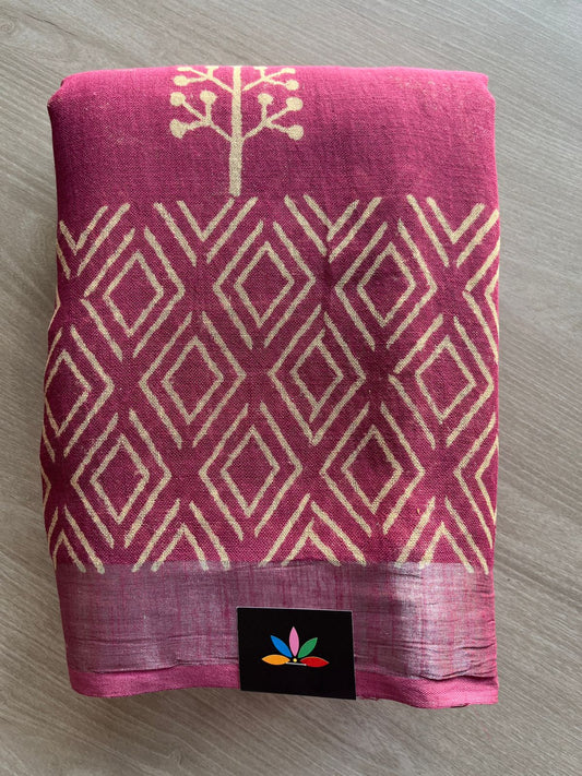 Dark Pink Handblock Printed Linen Cotton Saree - 30409-30410