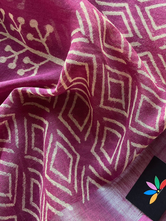 Dark Pink Handblock Printed Linen Cotton Saree - 30409-30410