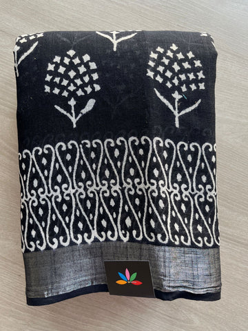 Black Handblock Printed Linen Cotton Saree - 30413-30414