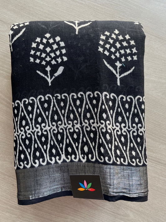 Black Handblock Printed Linen Cotton Saree - 30413-30414