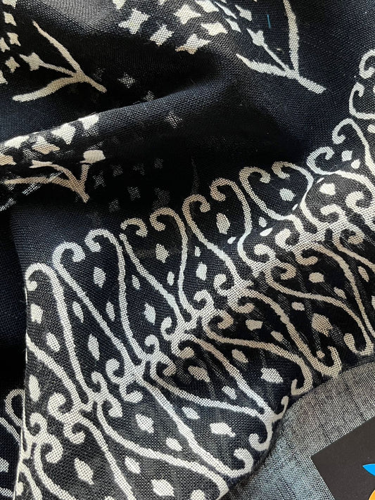 Black Handblock Printed Linen Cotton Saree - 30413-30414