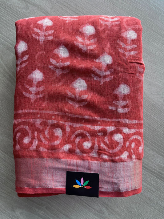 Reddish Orange Handblock Printed Linen Cotton Saree - 30419-30420