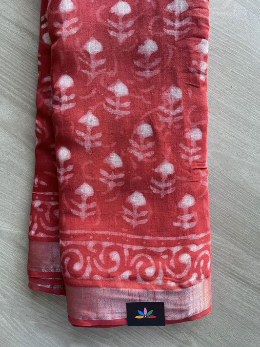 Reddish Orange Handblock Printed Linen Cotton Saree - 30419-30420