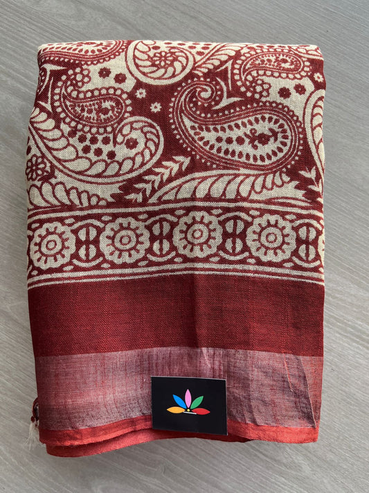 Black & Maroon Handblock Printed Linen Cotton Saree - 30423-30424