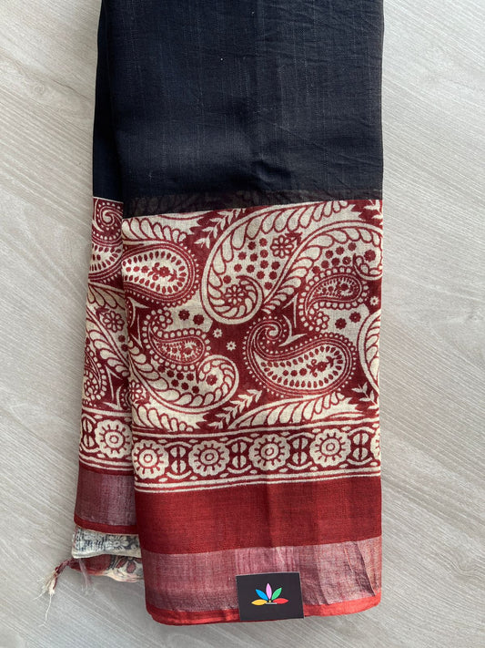 Black & Maroon Handblock Printed Linen Cotton Saree - 30423-30424