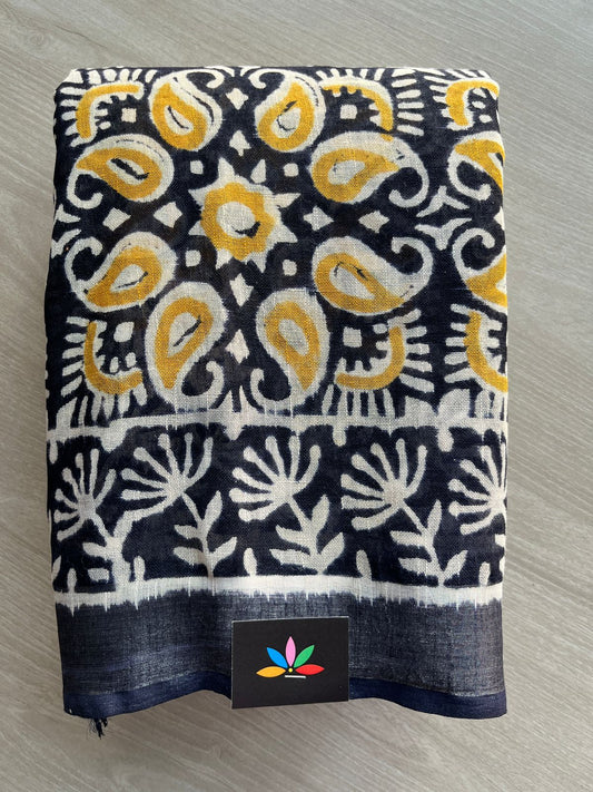 Black Handblock Printed Linen Cotton Saree - 30425-30426