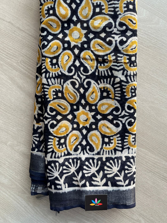 Black Handblock Printed Linen Cotton Saree - 30425-30426