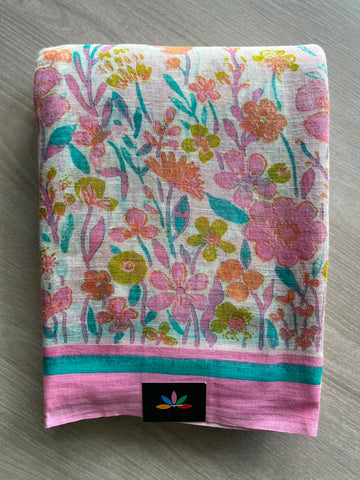 Off White Printed Handloom Fine Linen Saree - 31055