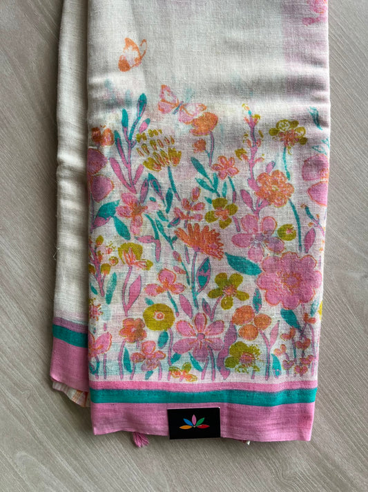 Off White Printed Handloom Fine Linen Saree - 31055