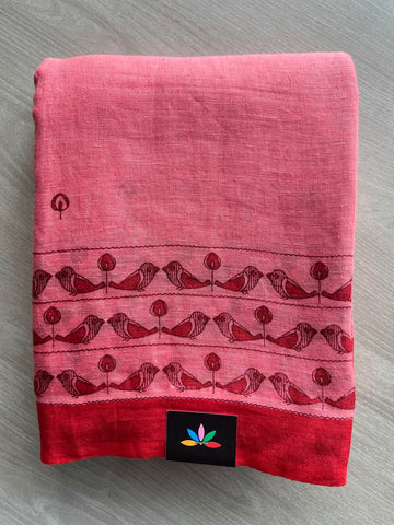 Muted Pink Printed Handloom Fine Linen Saree - 31056