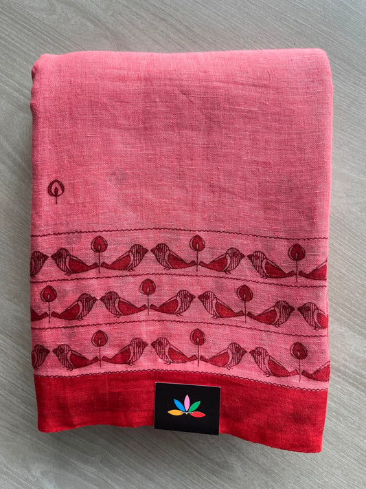 Muted Pink Printed Handloom Fine Linen Saree - 31056