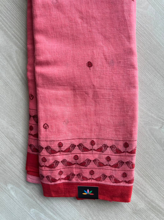 Muted Pink Printed Handloom Fine Linen Saree - 31056
