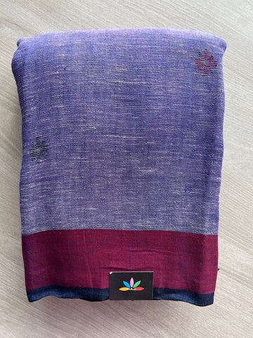 Dusty Purple Linen Jamdani Saree with Maroon Border & Navy Selvedge -23719