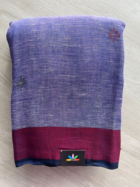 Dusty Purple Linen Jamdani Saree with Maroon Border & Navy Selvedge -23719
