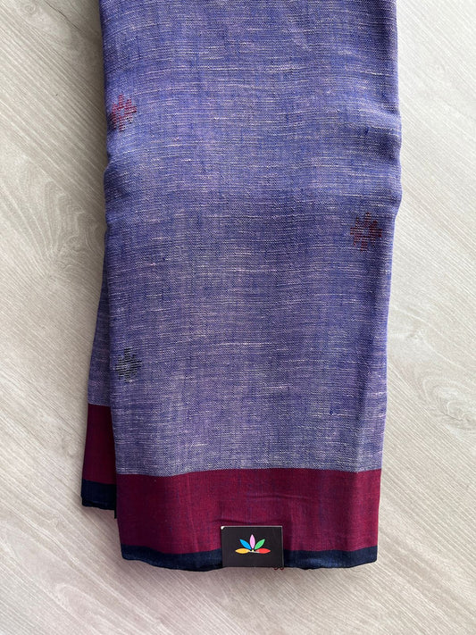 Dusty Purple Linen Jamdani Saree with Maroon Border & Navy Selvedge -23719