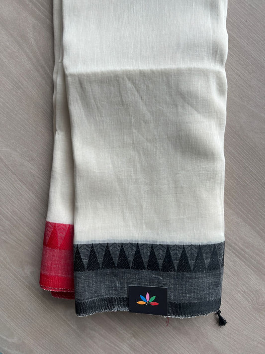 Off White Contrast Border Fine Linen Saree- 31256-31257
