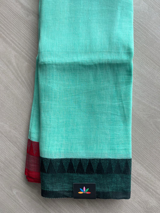 Bright Teal Contrast Border Fine Linen Saree- 31258-31259