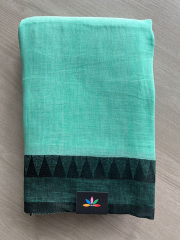 Bright Teal Contrast Border Fine Linen Saree- 31258-31259