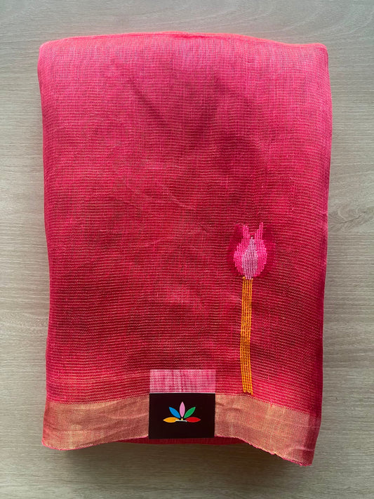 Cerise Pink Lotus Tissue Linen Jamdani Saree - 33157