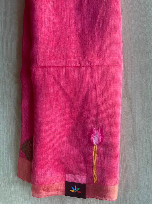 Cerise Pink Lotus Tissue Linen Jamdani Saree - 33157