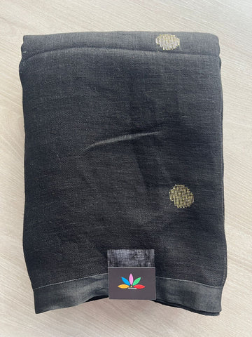 Black Handloom Linen Jamdani Saree - 31729