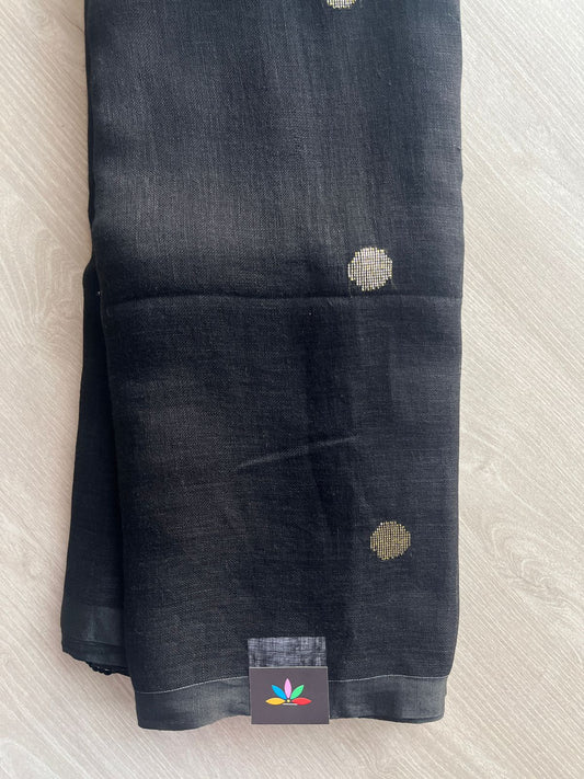 Black Handloom Linen Jamdani Saree - 31729