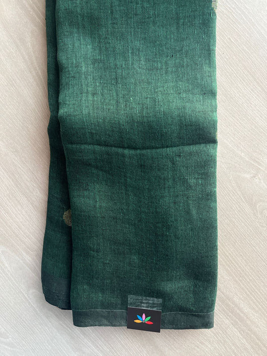Double Tone (Forest Green/Black) Handloom Linen Jamdani Saree - 31730