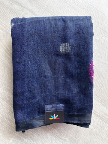 Double Tone (Navy Blue/Black) Handloom Linen Jamdani Saree - 31732