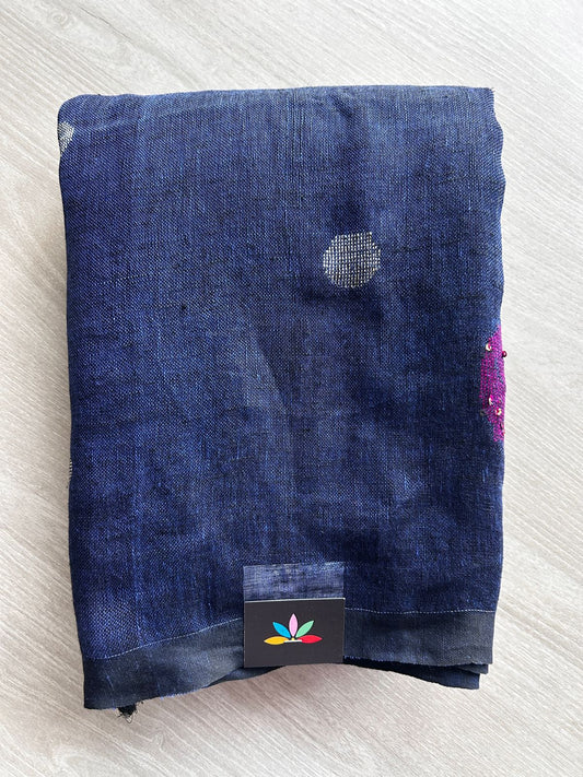 Double Tone (Navy Blue/Black) Handloom Linen Jamdani Saree - 31732