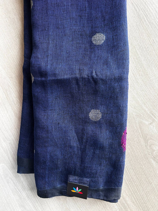 Double Tone (Navy Blue/Black) Handloom Linen Jamdani Saree - 31732