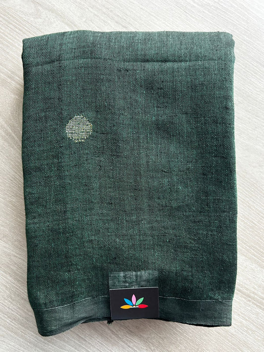 Double Tone (Forest Green/Black) Handloom Linen Jamdani Saree - 31735