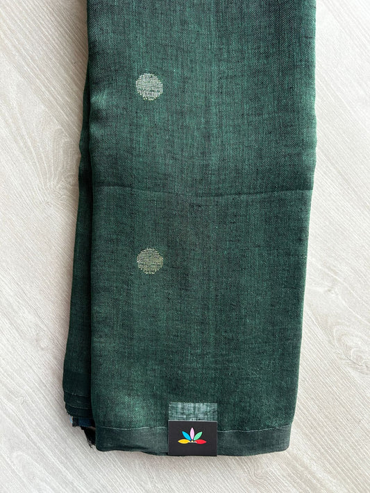 Double Tone (Forest Green/Black) Handloom Linen Jamdani Saree - 31735