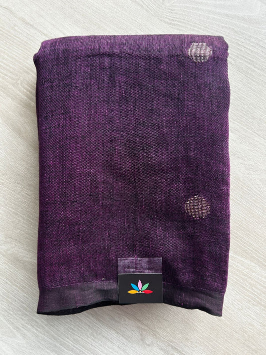 Double Tone (Magenta Purple/Black) Handloom Linen Jamdani Saree - 31738_31739