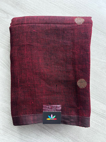 Double Tone (Reddish Maroon/Black) Handloom Linen Jamdani Saree - 31740_31741_31742