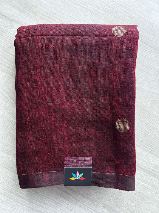 Double Tone (Reddish Maroon/Black) Handloom Linen Jamdani Saree - 31740_31741_31742