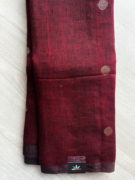 Double Tone (Reddish Maroon/Black) Handloom Linen Jamdani Saree - 31740_31741_31742