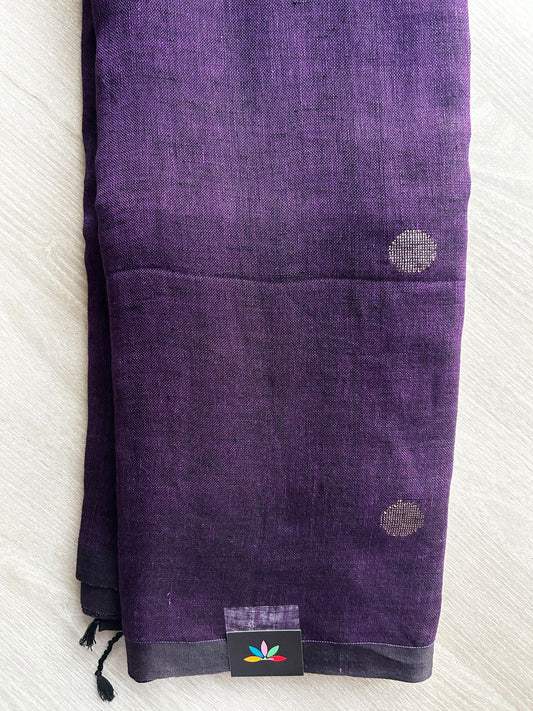 Double Tone (Purple/Black) Handloom Linen Jamdani Saree - 31743_31744