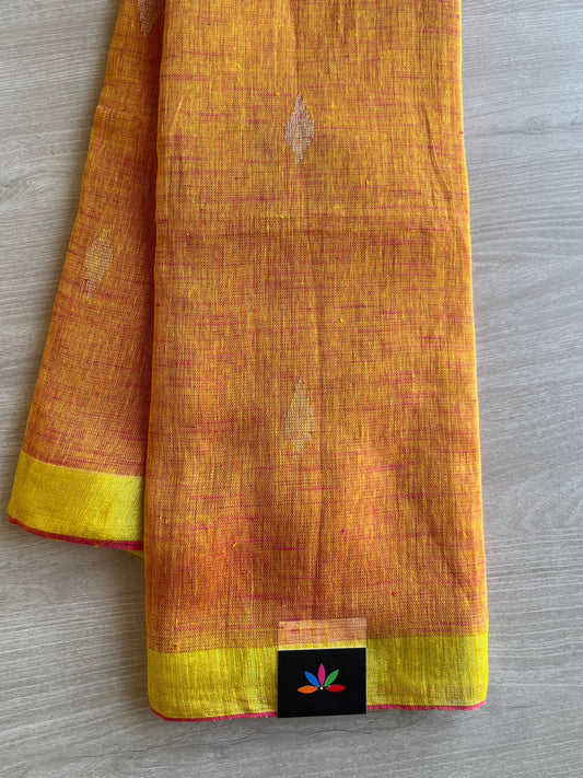 Royal Orange Handloom Pure Linen Jamdani Saree  -7584