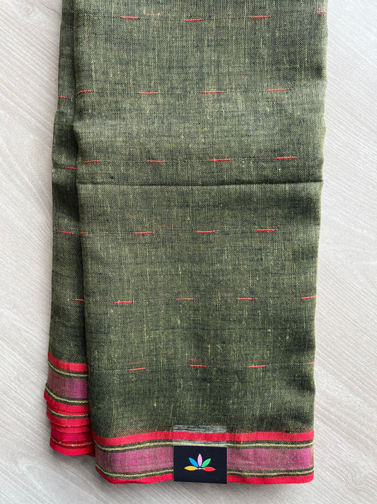Hunter Green Simple Linen Saree - 30796