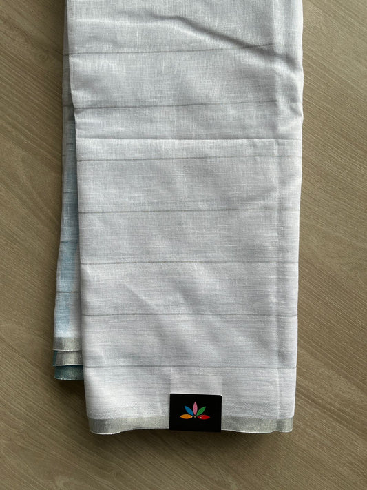 Off White & Teal Blue Simple Linen Saree - 30805