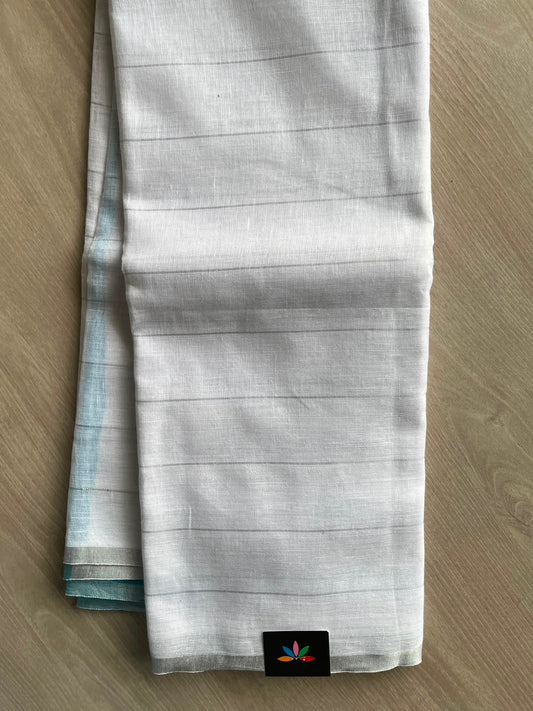 Off White & Teal Blue Simple Linen Saree - 30805