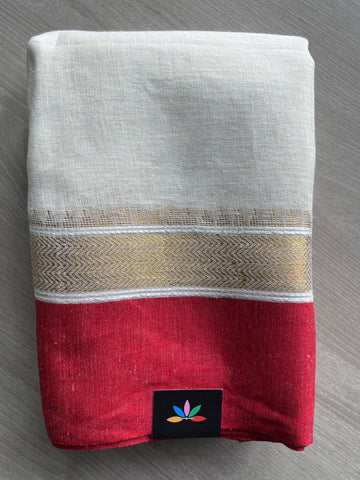 Off White & Bright Red Simple Linen Saree -30821-30825