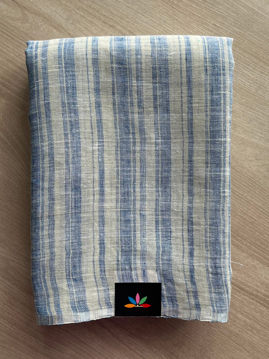 Off-White & Light Cobalt Blue Simple Linen Saree - 33760